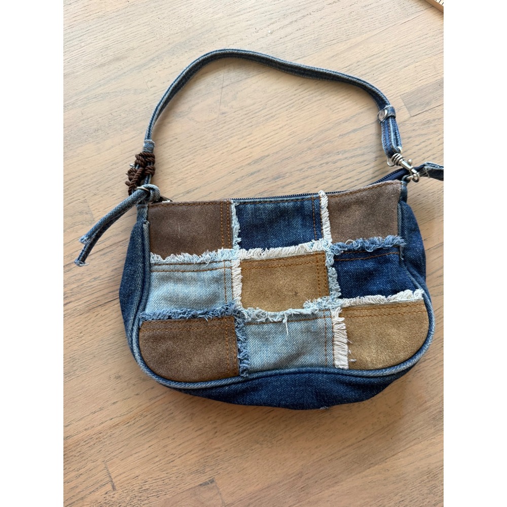 Q&A Vintage Y2K Patchwork Denim Suede Baguette Shoulder Bag Blue Brown Small